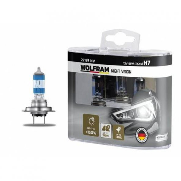 WOLFRAM 22197 NV AMPUL 12V H7 55 PX26d NIGHT VISION 150 FAZLA 20 BEYAZ IŞIK ürün görseli 1