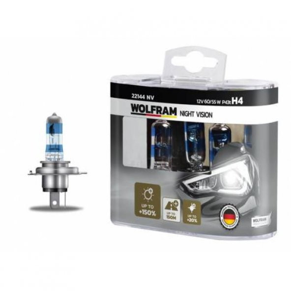 WOLFRAM 22144 NV AMPUL 12V H4 60/55 P43t NIGHT VISION 150 FAZLA 20 BEYAZ IŞIK ürün görseli 1