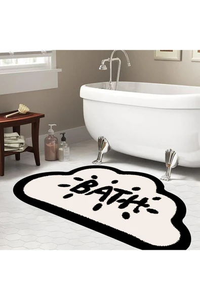 Kaymaz Taban, Bulut Desenli, Bath Yazılı Banyo Paspası, Dekoratif Paspas, 60x100 Cm ürün görseli 1