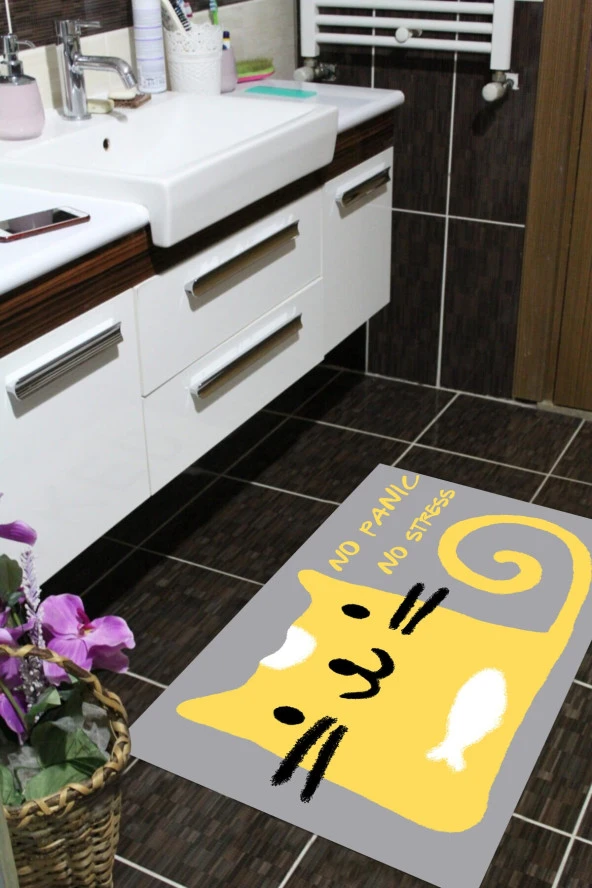 Kaymaz Taban, Kedi Desenli Banyo Paspası, Dekoratif Paspas, 60x100 Cm No Stress No Panic ürün görseli 1