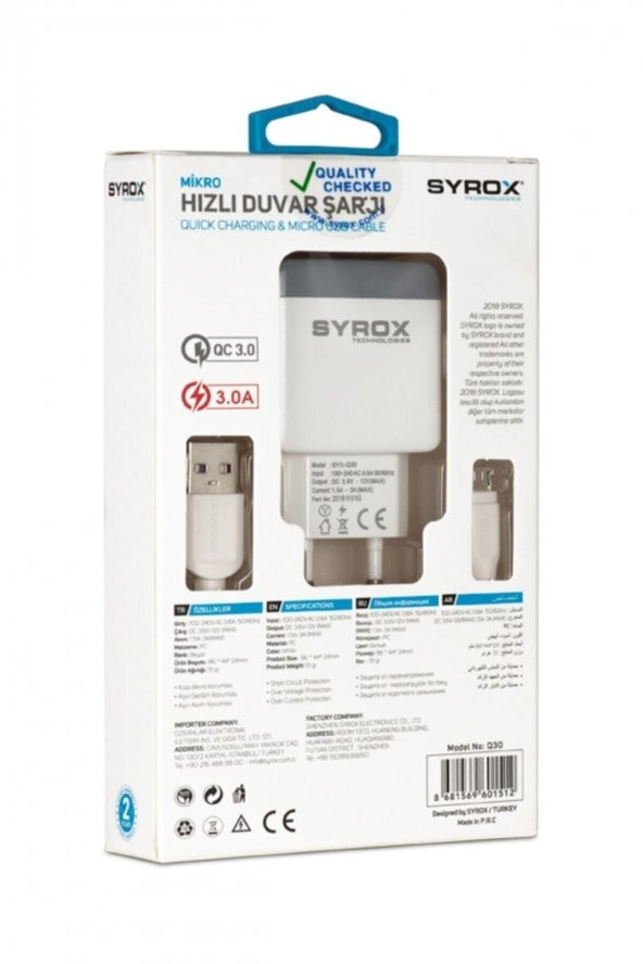 Syrox Q30 Micro Data 3.0A Hızlı Quick Şarj Aleti ürün görseli 1