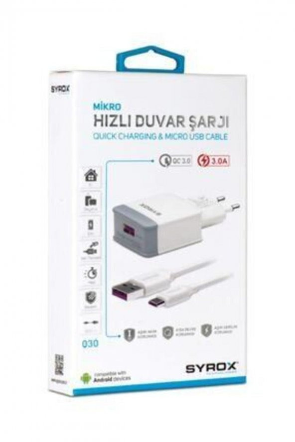 Hızlı Sarj Cihazı Seti Micro Hızlı Ev Şarj Aleti 3.0a (Q30 BEYAZ) ürün görseli 1