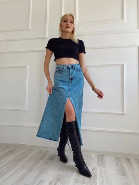 Kadın Önden Yırtmaçlı Denim Etek Buz Mavi ürün görseli 1