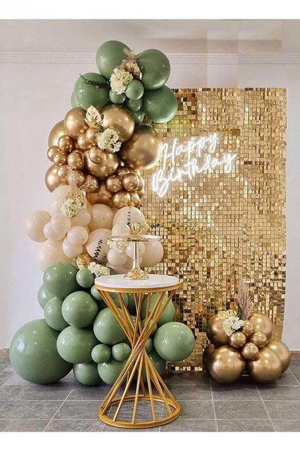 Beysüs 30 Küf Yeşili 15 Krom Gold 15 Deniz Kumu Pastel Ten Rengi Doğum Günü Ve Nişan Balon Zinciri Set ürün görseli 1