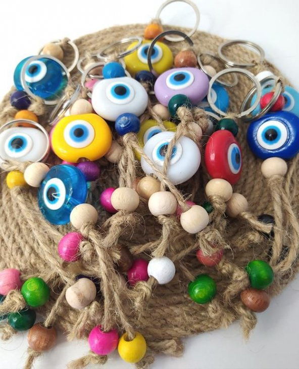 Nazar Boncuk Anahtarlık 10 Adet Kötü Göz Kovucu Nazar Hand Made Hasır Renkli Boncuklu Nazarlı Anahtarlık ürün görseli 1