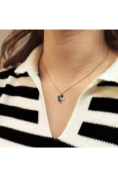 Lilarote Pırlanta Renkli Taşlı Yonca Kolye ürün görseli 1