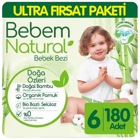 Bebem Natural Bebek Bezi Ultra Fırsat Paketi 6 Beden 60x3 180 Adet ürün görseli 1