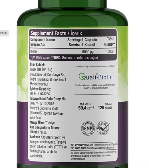 Natures Supreme Biotin 5000 Mcg 120 Kapsül - Resim 2