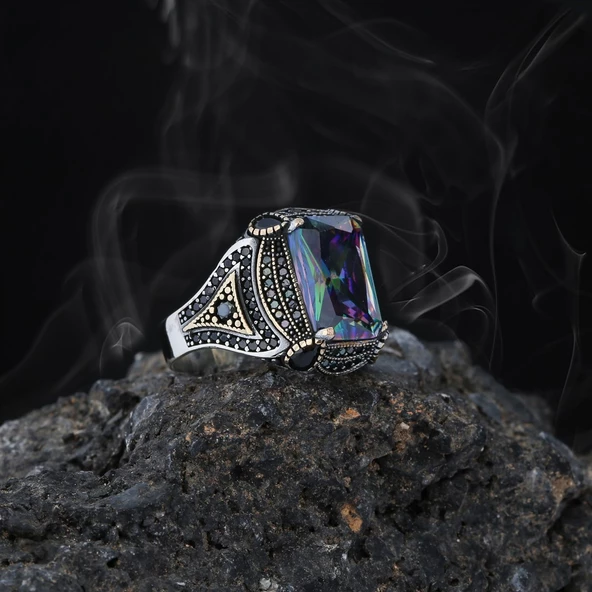 Mistik Topaz ve Zirkon Taşlı Motifli Gümüş Erkek Yüzük ürün görseli 1