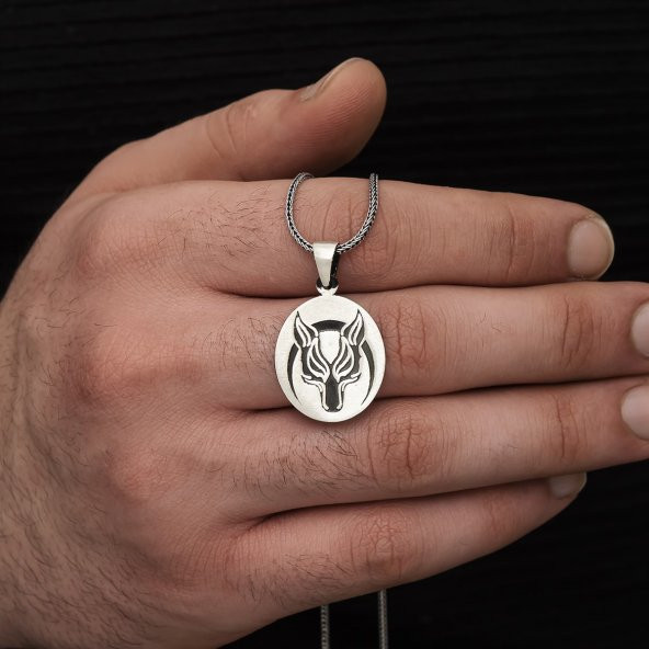 Kurt Motifli Oval Gümüş Erkek Kolye - Resim 4