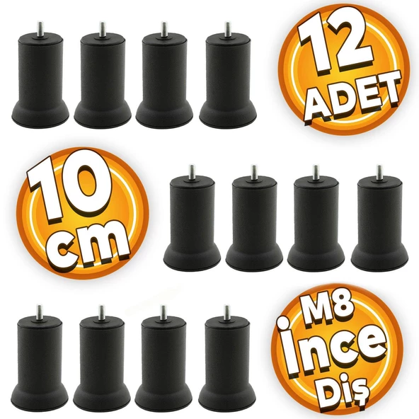 Mobilya Baza Koltuk Kanepe Çekyat Yükseltme Ayağı Metal Ayakları Ince Diş M8 Siyah 10 Cm 12 Adet ürün görseli 1