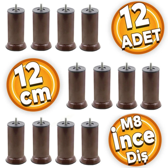Metal Mobilya Baza Kanepe Koltuk Çekyat Yükseltme Ayağı M8 Ince Diş Kahve Ayakları 12 Cm (12 ADET) ürün görseli 1