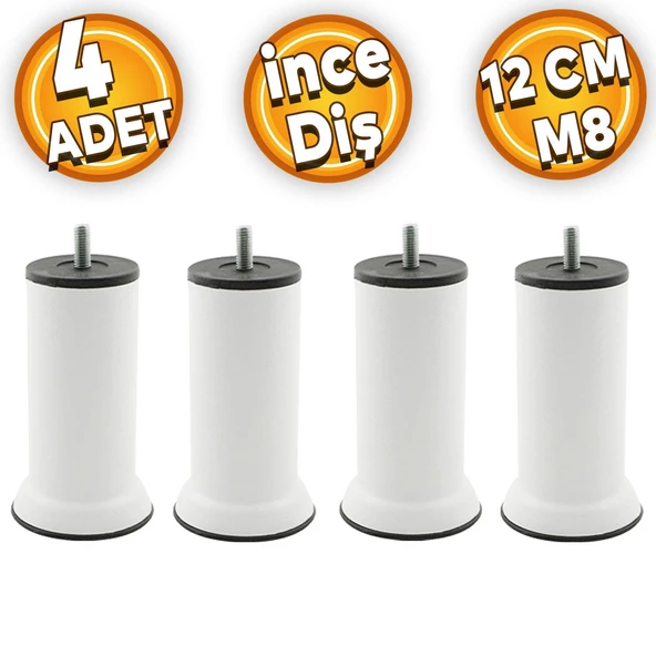 Mobilya Baza Kanepe Koltuk Çekyat Yükseltme Ayağı M8 Ince Diş Beyaz Metal Ayakları 12 Cm 4 Adet ürün görseli 1