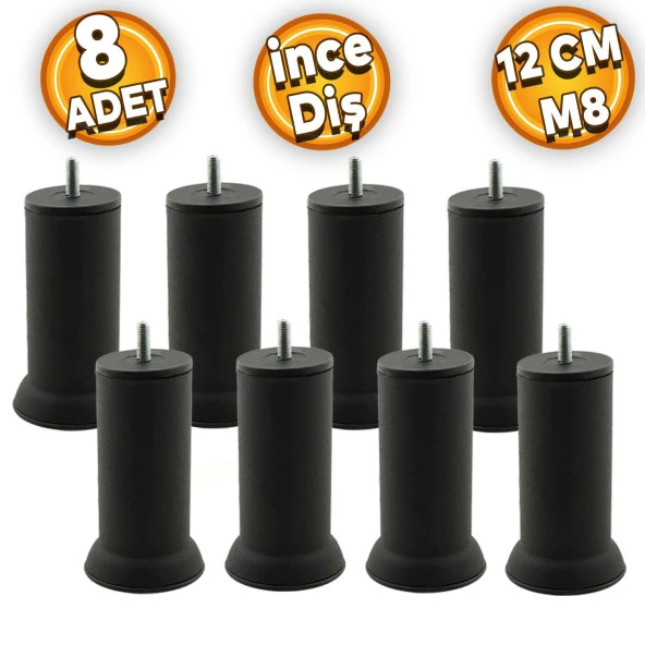 Mobilya Baza Kanepe Koltuk Çekyat Yükseltme Ayağı Ince Diş M8 Siyah Metal Ayakları 12cm 8 Adet ürün görseli 1
