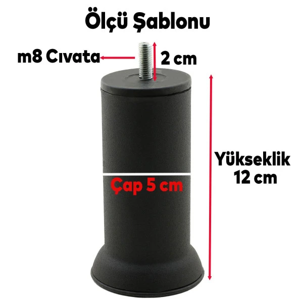 Mobilya Baza Kanepe Koltuk Çekyat Yükseltme Ayağı M8 Ince Diş Siyah Metal Ayakları 12 Cm (12 ADET) ürün görseli 1