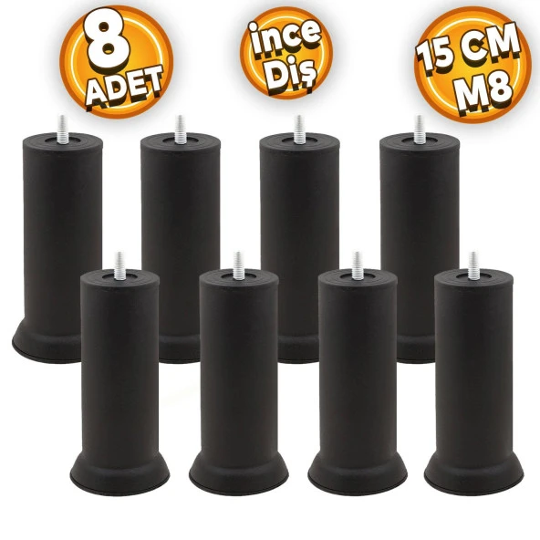 Mobilya Kanepe Baza Koltuk Çekyat Yükseltme Ayağı Ince Diş M8 Siyah Metal Ayakları 15 Cm 8 Adet ürün görseli 1