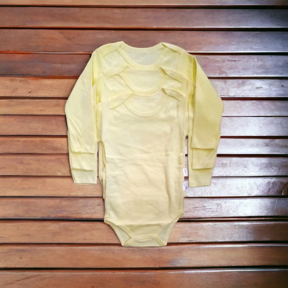 çıtçıtlı bebek body zıbın uzun kollu pamuklu fitilli SARI 3 adet ürün görseli 1