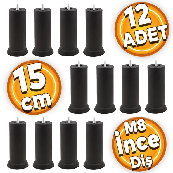 Mobilya Baza Kanepe Koltuk Çekyat Yüksetlme Ayağı M8 Ince Diş Siyah Ayakları 15 Cm Metal (12 ADET) ürün görseli 1