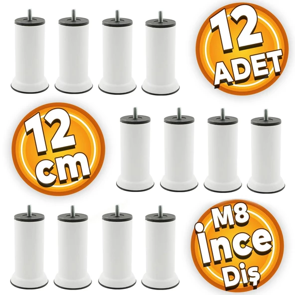 Mobilya Baza Kanepe Koltuk Çekyat Yükseltme Ayağı M8 Ince Diş Beyaz Metal Ayakları 12 Cm 12adet ürün görseli 1