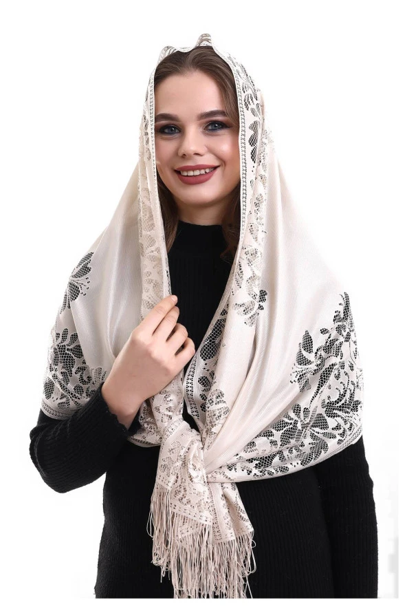 Narin Pamuk Tül Şal Krem 60x160 - Resim 2