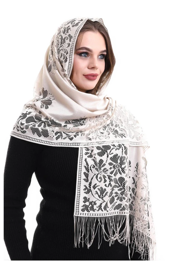 Narin Pamuk Tül Şal Krem 60x160 - Resim 6