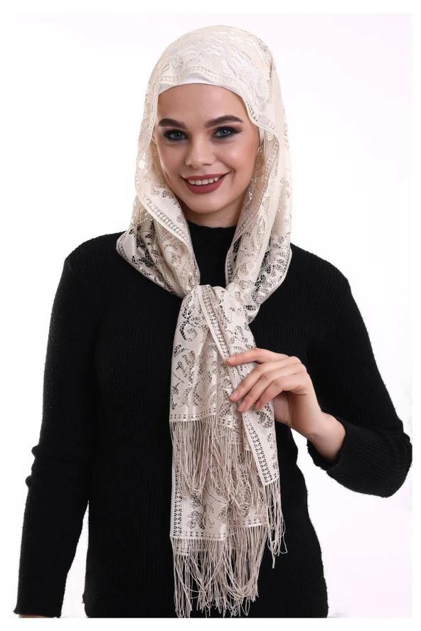 Narin Pamuk Tül Şal Koyu Krem-2 60x160 ürün görseli 1