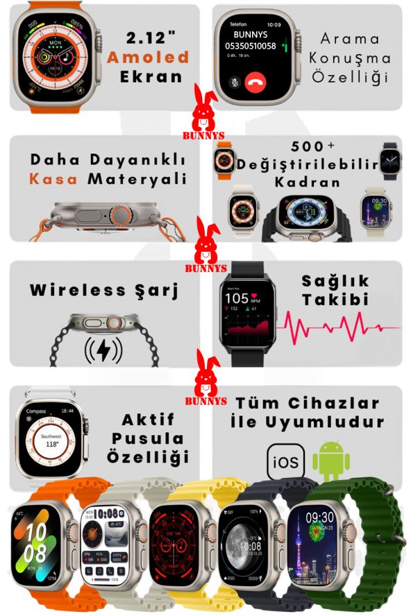 Samsung Uyumlu Akıllı Saat Konuşma Özellikli Watch 8 Ultra 49MM AMOLED EKRAN ürün görseli 1