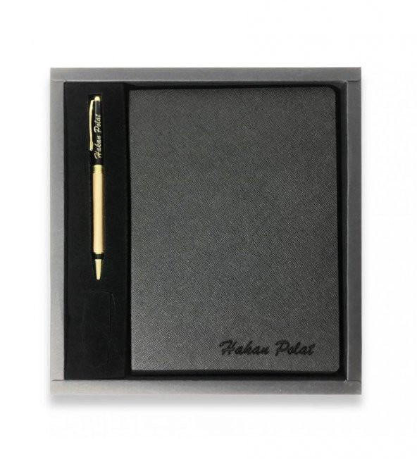 Kişiye Özel Siyah VIP Hediyelik Set - 15x21 Yaldız Kenar Not Defteri - Metal Roller Kalem HK2064 ürün görseli 1
