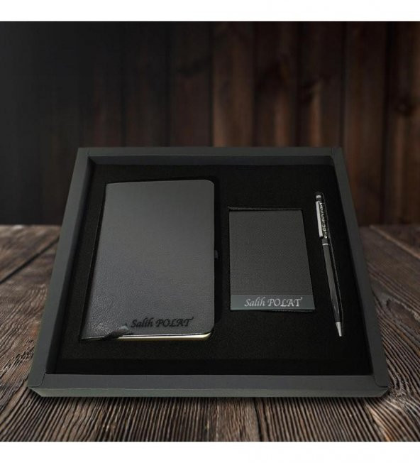 Kişiye Özel Siyah VIP Hediyelik Set - 9x14 Not Defteri - Touch Pen Tükenmez Kalem - Kartvizitlik HK2062 ürün görseli 1