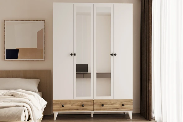 Metalia Gm 417 4 Kapılı 2 Çekmeceli Düğme Kulplu  Aynalı Beyaz-Atlantik Çam Gardırop ürün görseli 1