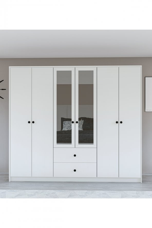 Metalia Gm 036 Lüx 6 Kapı 2 Çekmeceli Düğme Kulplu Aynalı Gardırop ürün görseli 1