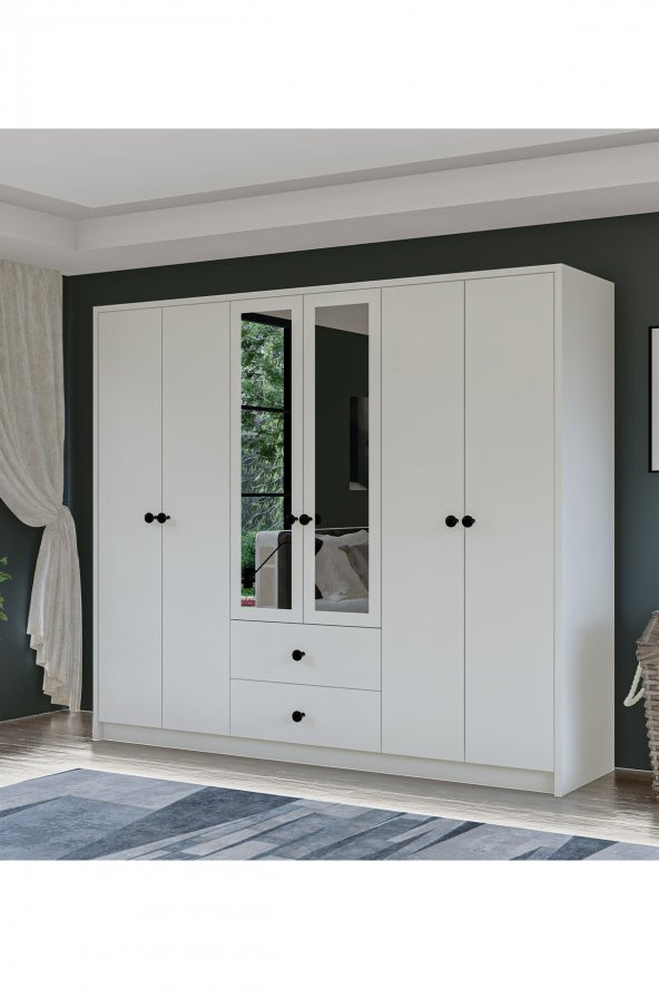 Metalia Gm 036 Lüx  6 Kapı 2 Çekmeceli Düğme Kulplu Aynalı Gardırop ürün görseli 1