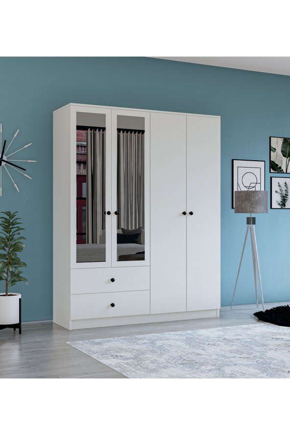 Metalia Gm 079 Novado Aynalı Düğme Kulplu 4 Kapı 2 Çekmeceli Gardırop ürün görseli 1