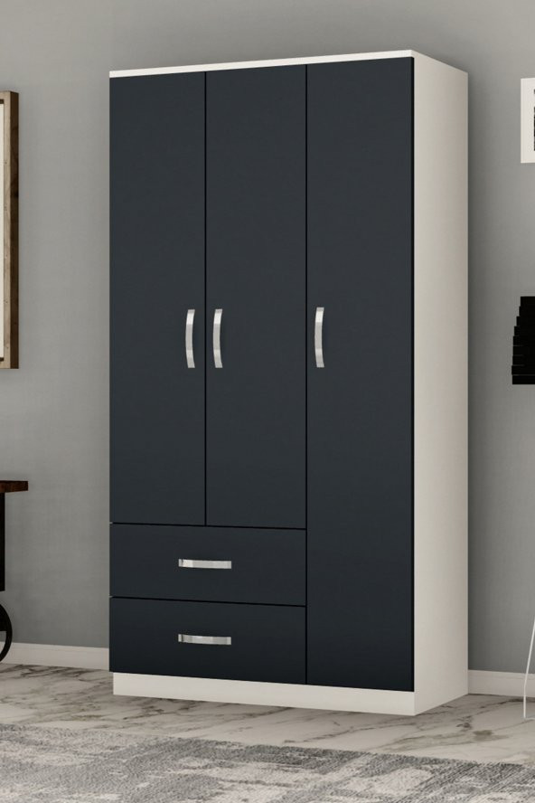 Metalia Gm 858 Modena 3 Kapılı 2 Çekmeceli Beyaz Antrasit Gri Gardrop ürün görseli 1
