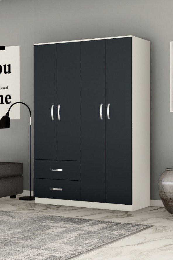 Metalia Gm 074 Novay 4 Kapılı 2 Çekmeceli Beyaz Antrasit Gri Gardrop ürün görseli 1
