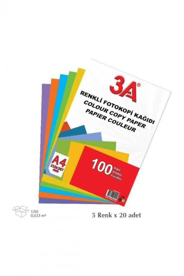 3A Renkli A4 Kağıdı 5 Renk 100lü Paket ürün görseli 1