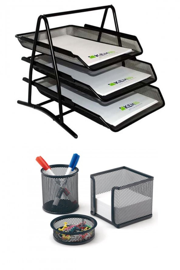 Temat A4 Evrak Rafı Metal Üçlü Perfore 3lü Set (kalemlik, Ataşlık) ürün görseli 1