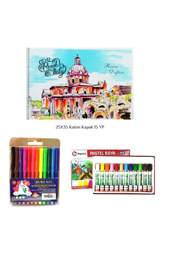Smart Kids Rubenis Kırtasiye Boyama Seti Keçeli Kalem + Pastel Boya 12 Li Resim Defteri 25x35 15 Yp ürün görseli 1