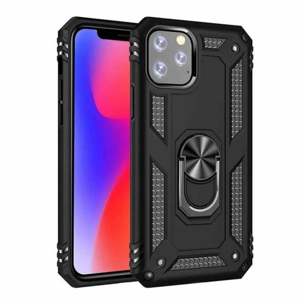 Apple iPhone 11 Pro Max Kılıf Sofya Yüzüklü Standlı Zırhlı Silikon Kılıf ürün görseli 1