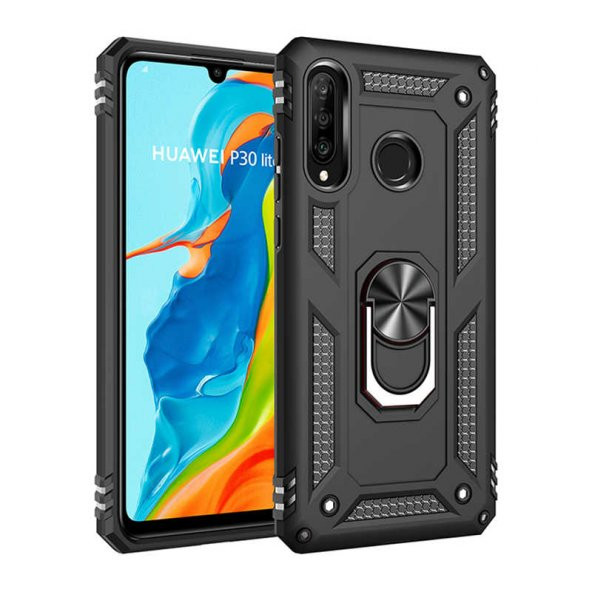 Huawei P30 Lite Kılıf Sofya Yüzüklü Standlı Zırhlı Silikon Kılıf ürün görseli 1
