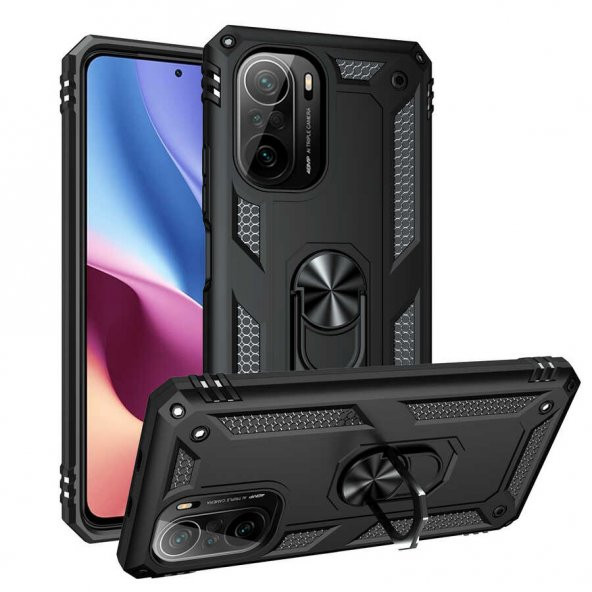 Xiaomi Poco F3 Kılıf Sofya Yüzüklü Standlı Zırhlı Silikon Kılıf ürün görseli 1