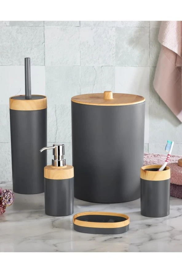Flosoft Bambu Desenli Yuvarlak 5'li Banyo Seti Gri ürün görseli 1