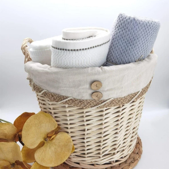 Düğme Detaylı Kulplu El Yapımı Dekoratif Çok Amaçlı 38 Cm Hasır Sepet Natural ürün görseli 1