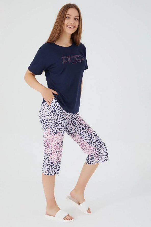 Pierre Cardin Kadın Büyük Beden Battal Lacivert  Leopar Desenli Kapri Takım 8562 B ürün görseli 1