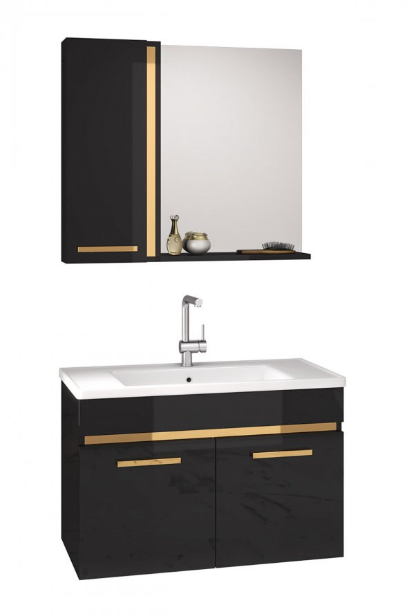 Alfa Banyo Yeni Gold SİYAH 80 Cm lavabolu banyo dolabı Takımı ürün görseli 1
