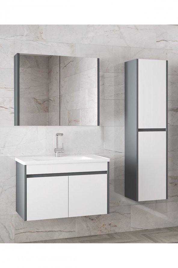 Alfa Banyo Estella-EA 80+35 cm Mdf-Aynalı Boy Dolaplı-Lavabolu Banyo Dolabı Takımı ürün görseli 1