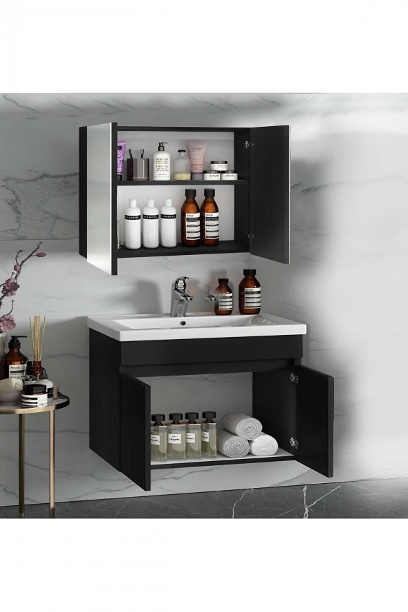 Alfa Banyo Viola Siyah 80 cm Aynalı banyo dolabı-lavabolu banyo dolabı takımı ürün görseli 1