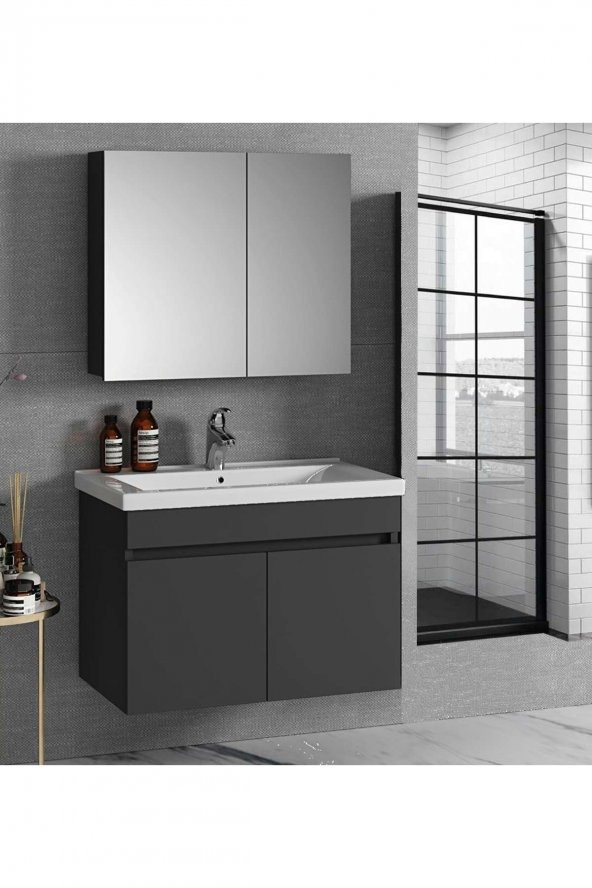 Alfa Banyo Viola Antrasit 80 Cm Mdf Aynalı Banyo Dolabı-Lavabolu Banyo Dolabı Takımı- ürün görseli 1