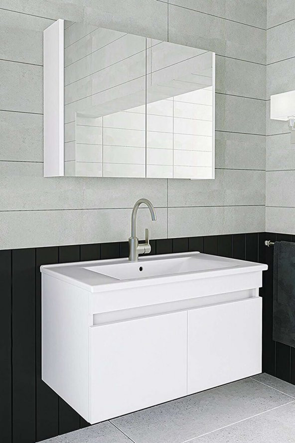 Alfa Banyo Viola Beyaz 80 Cm Ayna Dolaplı Seramik Lavabolu Mdf Banyo Dolabı Seti ürün görseli 1