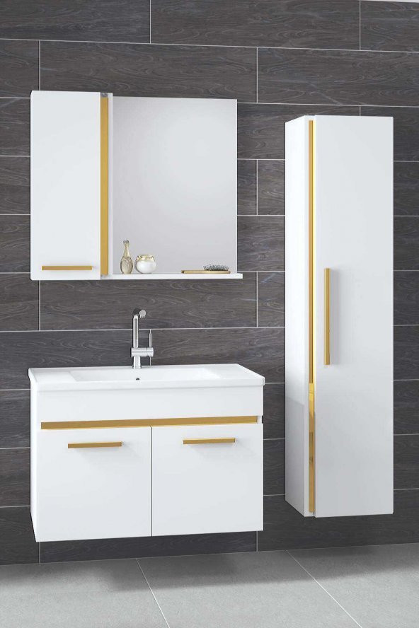 Alfa Banyo YENİ GOLD BEYAZ (80+35) 115 cm Boy Dolaplı Banyo Takımı- HAZIR KURULU ürün görseli 1